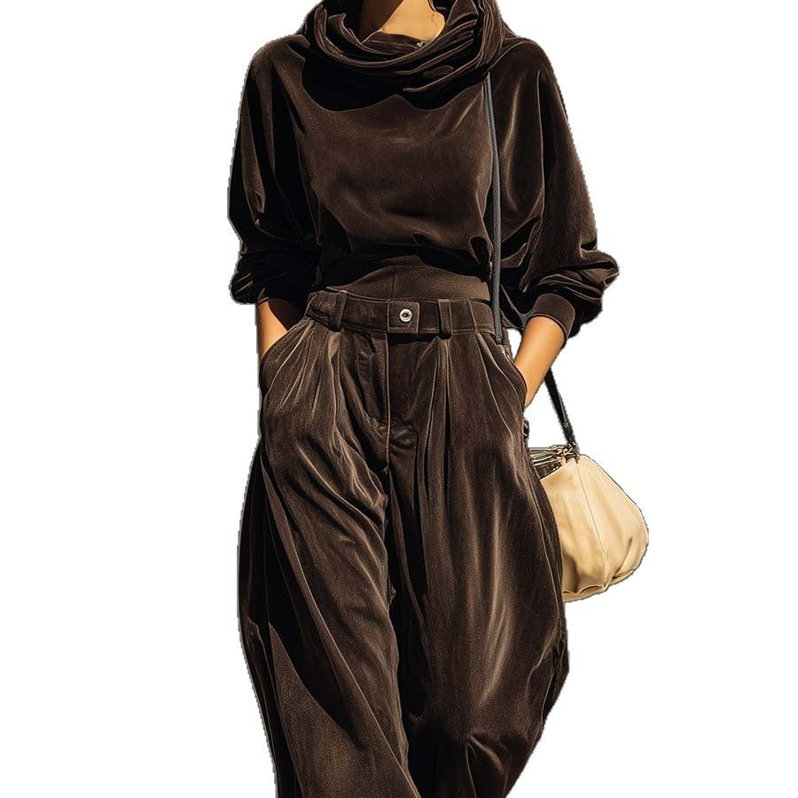 Women's Velvet Hooded Long-Sleeve Tunic with Flared Legs Casual Set