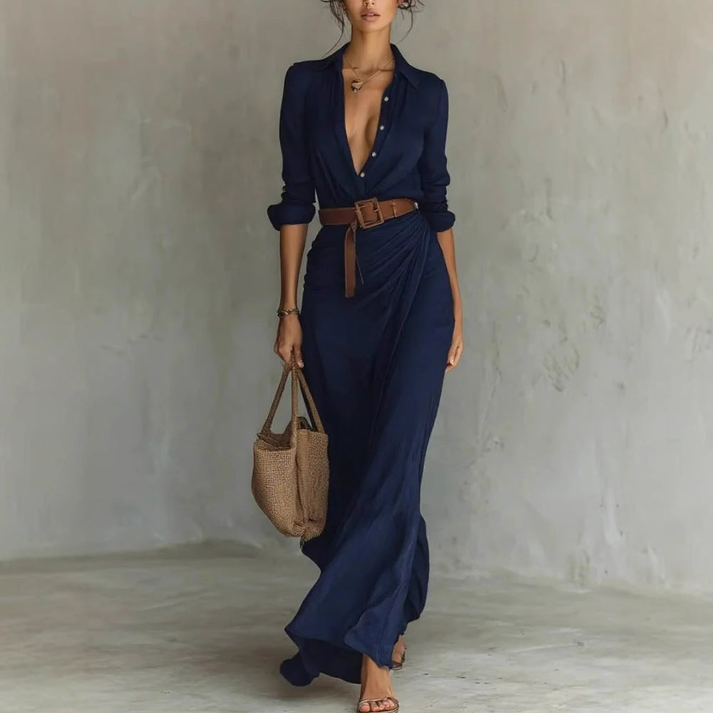 Solid-Color Asymmetric Pleated Belted Dress