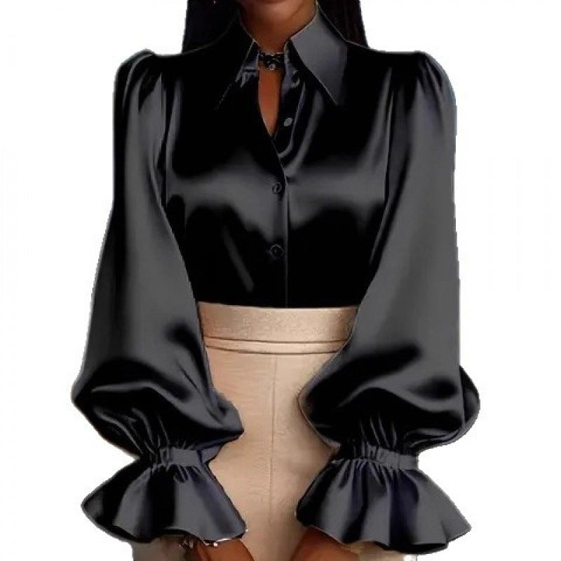 Women's Long-Sleeved Collared Satin Shirt