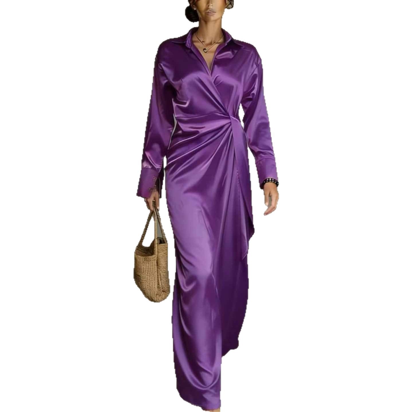 Long-Sleeve Casual Split-Hem Satin Dress