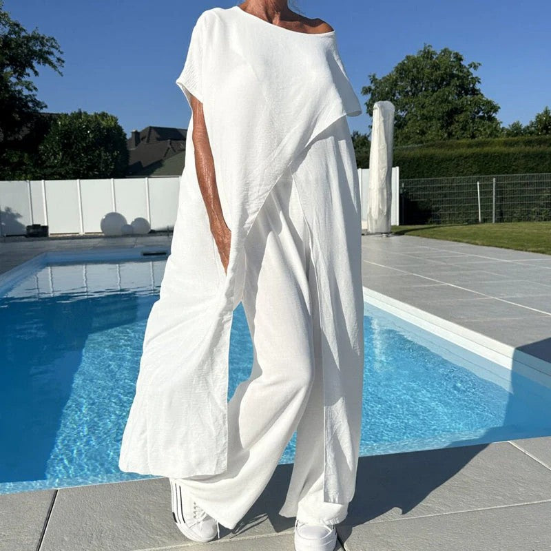 Casual Asymmetric Fit  Loose-Fit Cotton-Linen Pantsuit