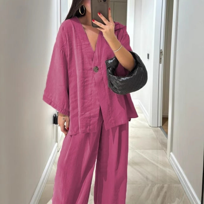 Women's V-neck top and wide-leg pants casual set