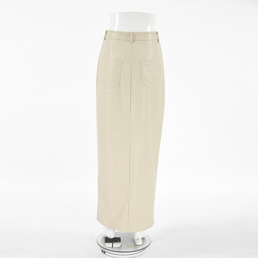 Khaki PU Leather Skirt for Women