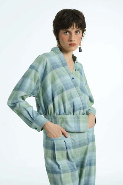 Women's Loose-Fit Casual Checkered V-Neck Short-Sleeve Shirt