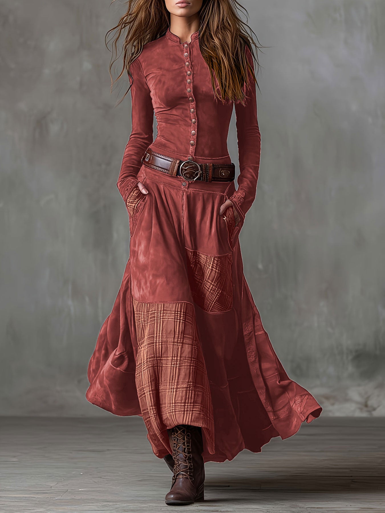 Suede Plaid Patchwork Vintage-Style Dress