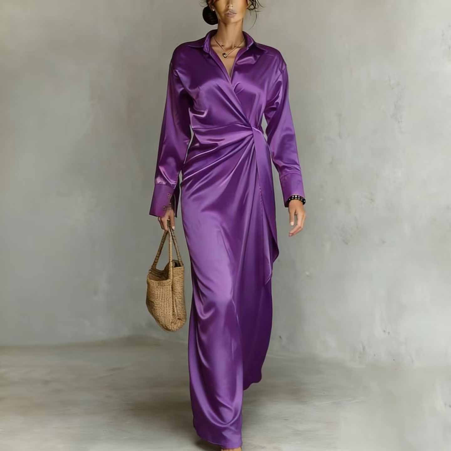 Long-Sleeve Casual Split-Hem Satin Dress