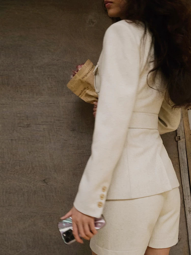 Retro Suit Straight-Leg Shorts French-Style Set Beige Wool Two-Piece