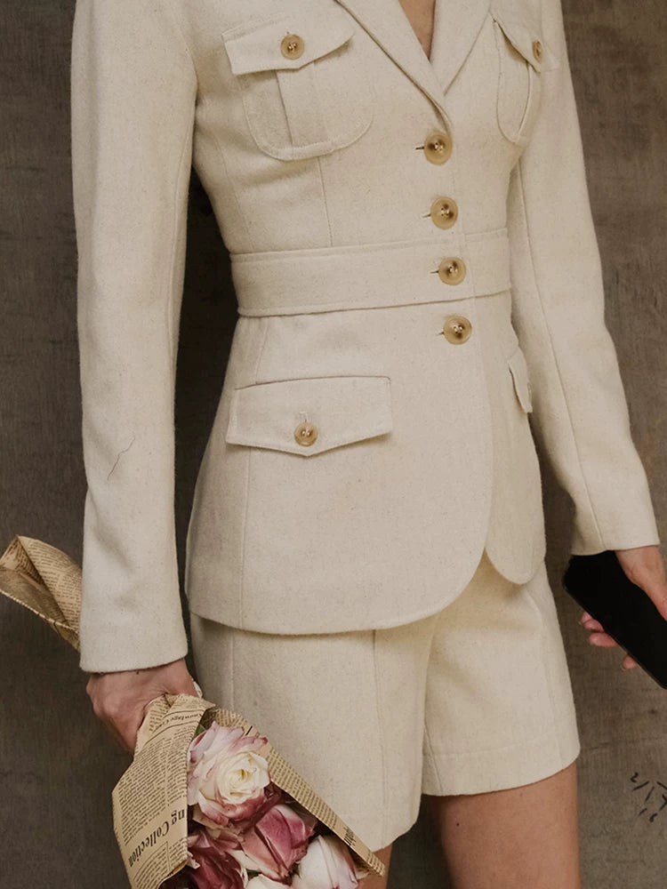 Retro Suit Straight-Leg Shorts French-Style Set Beige Wool Two-Piece