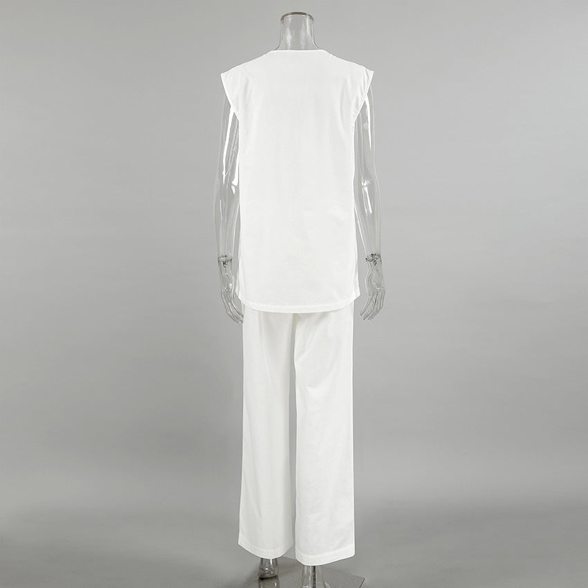 V-neck vest and wide-leg pants two-piece set