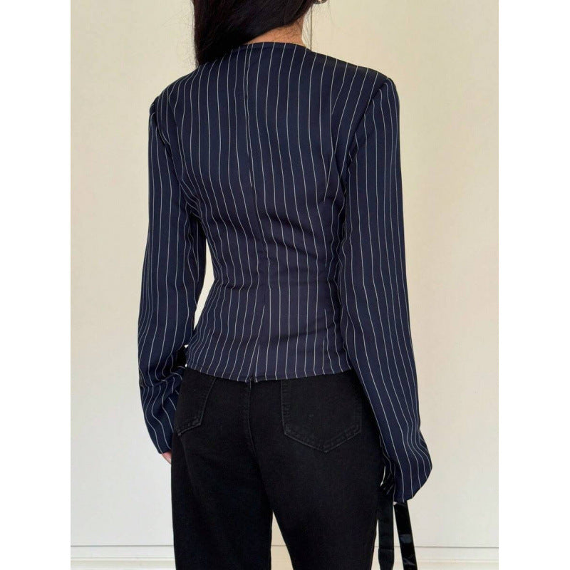 2026 New Arrival Shirt with Contrasting Color Stripes and Floral Print V-Neck Top