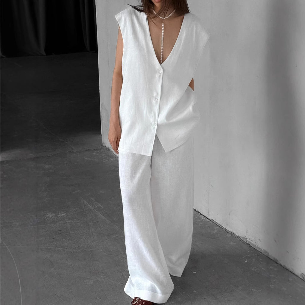 V-neck vest and wide-leg pants two-piece set