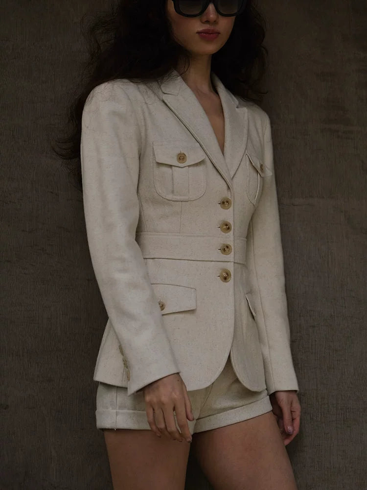 Retro Suit Straight-Leg Shorts French-Style Set Beige Wool Two-Piece