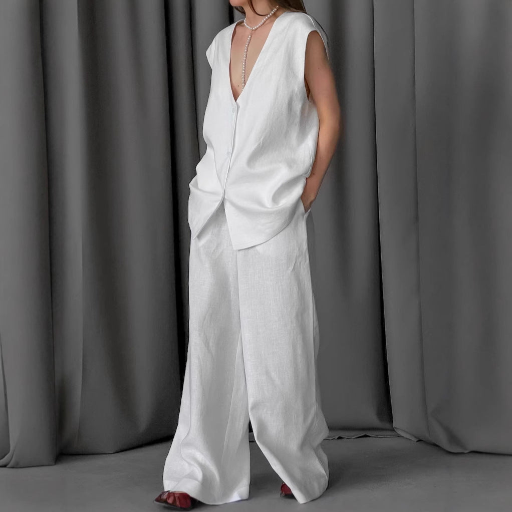 V-neck vest and wide-leg pants two-piece set