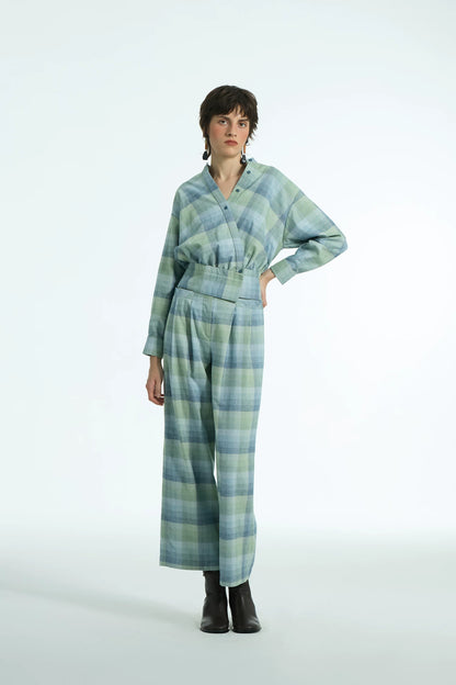 Women's Loose-Fit Casual Checkered V-Neck Short-Sleeve Shirt