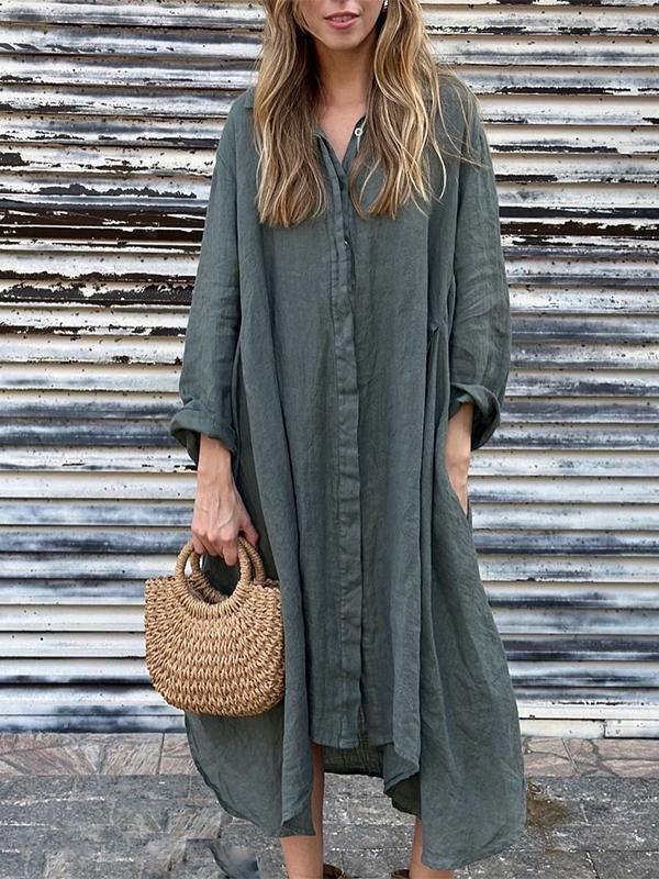 Loose Solid-Color Cotton-Linen Long Dress Shirt Dress