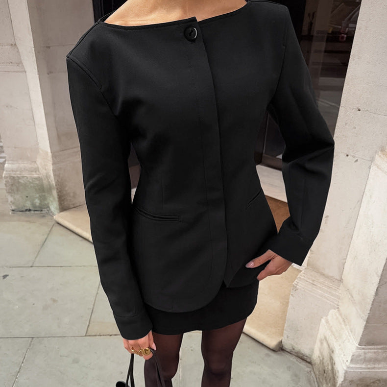 Long-Sleeve Crew Neck Blazer and Mini Skirt Two-Piece Set