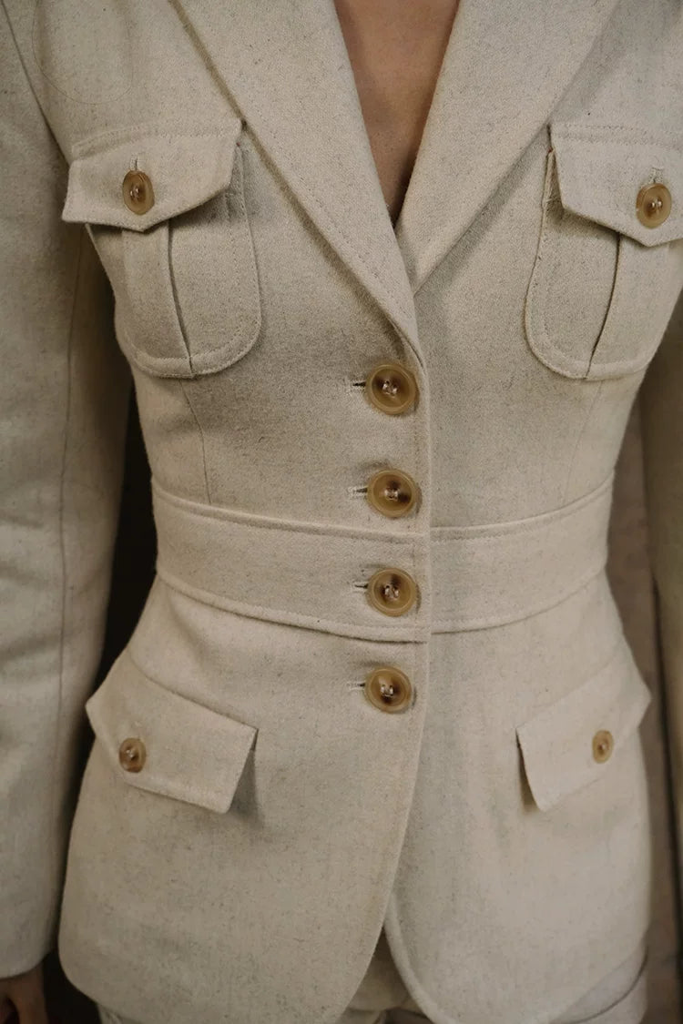 Retro Suit Straight-Leg Shorts French-Style Set Beige Wool Two-Piece