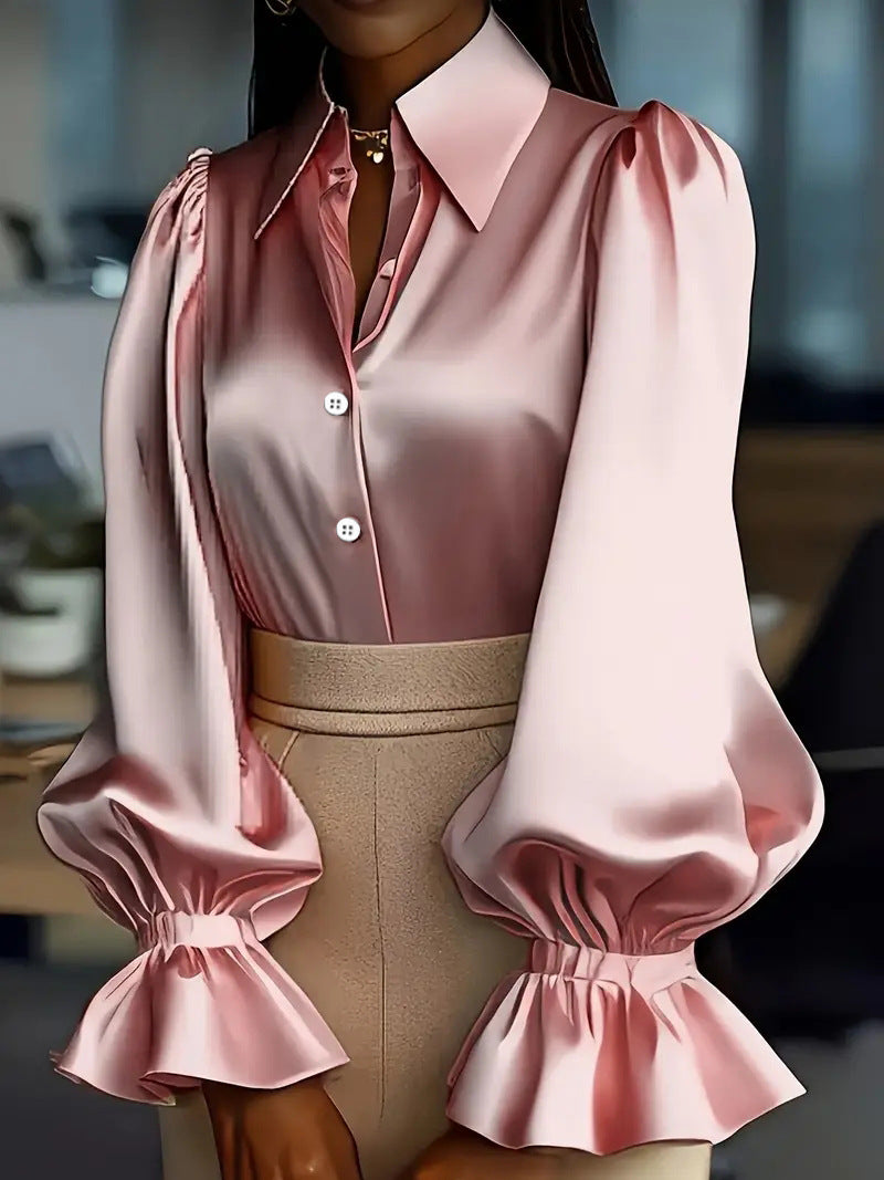 Women's Long-Sleeved Collared Satin Shirt