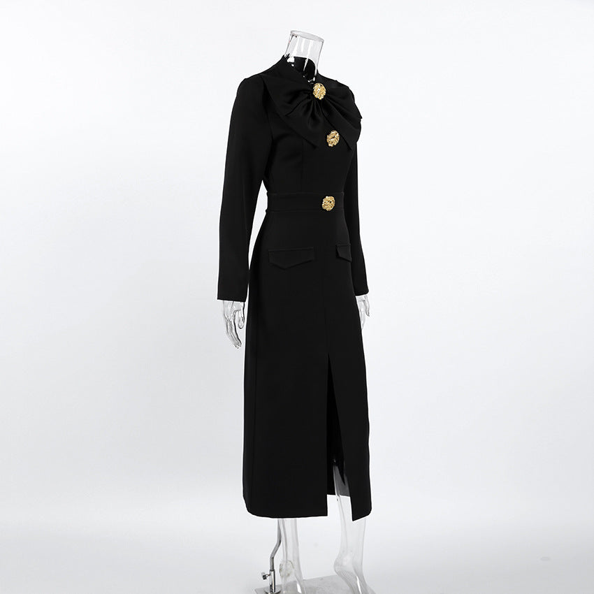 V-neck Bow-Tie Long-Sleeve Dress