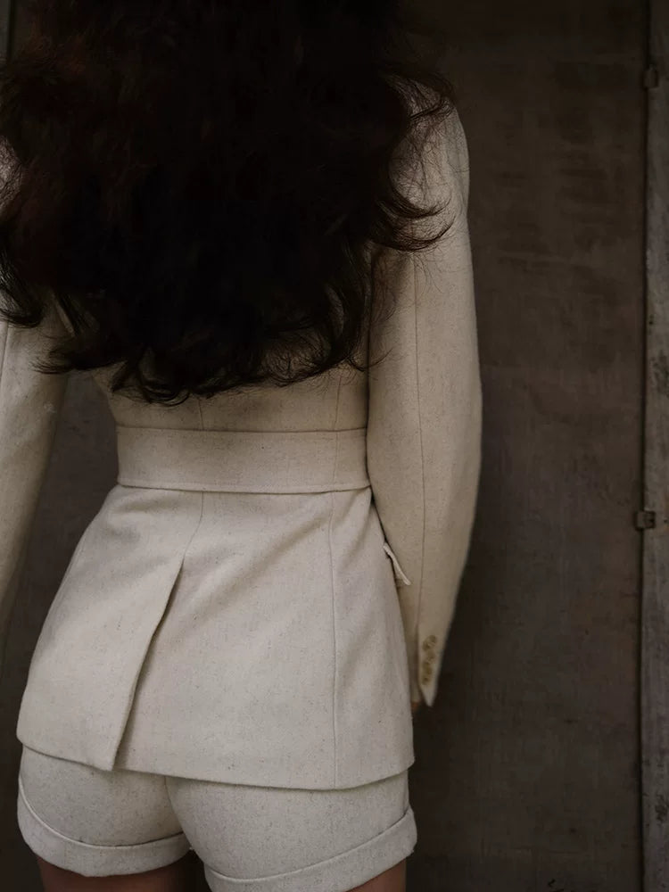 Retro Suit Straight-Leg Shorts French-Style Set Beige Wool Two-Piece