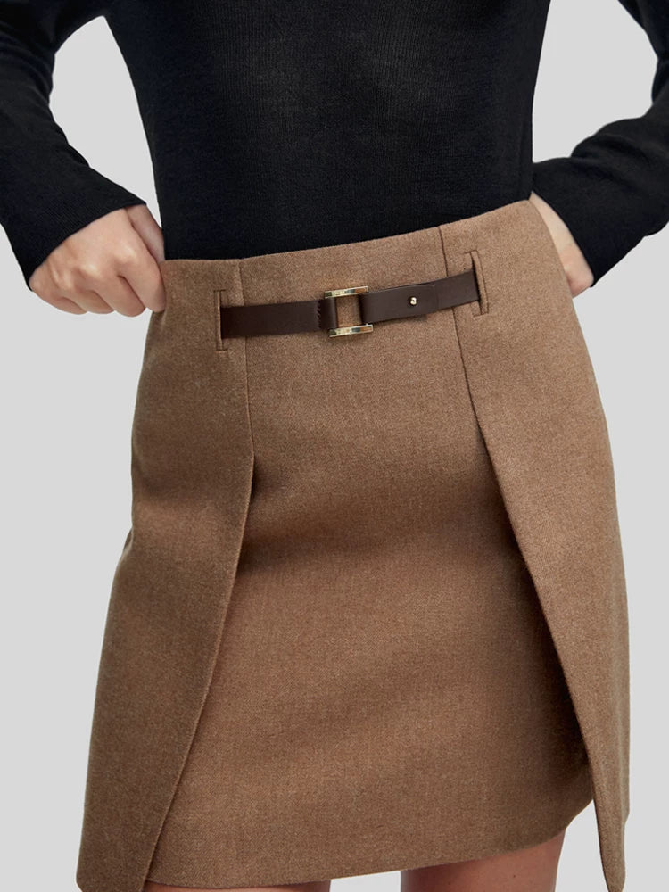 Brown Short Skirt High-Waisted Wool Skirt