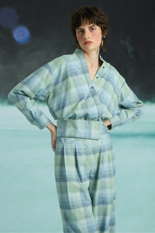 Women's Loose-Fit Casual Checkered V-Neck Short-Sleeve Shirt