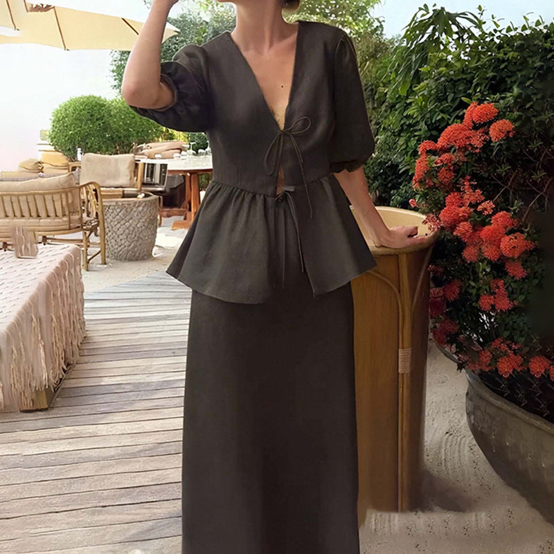 2026 Solid Color V-Neck Casual Short-Sleeve Midi Skirt Set
