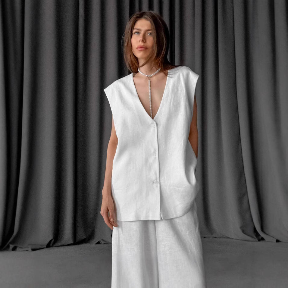 V-neck vest and wide-leg pants two-piece set