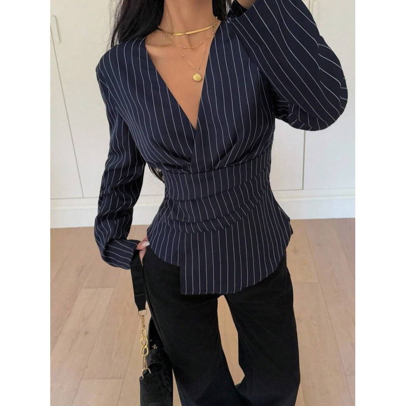 2026 New Arrival Shirt with Contrasting Color Stripes and Floral Print V-Neck Top