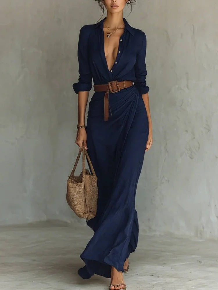 Solid-Color Asymmetric Pleated Belted Dress