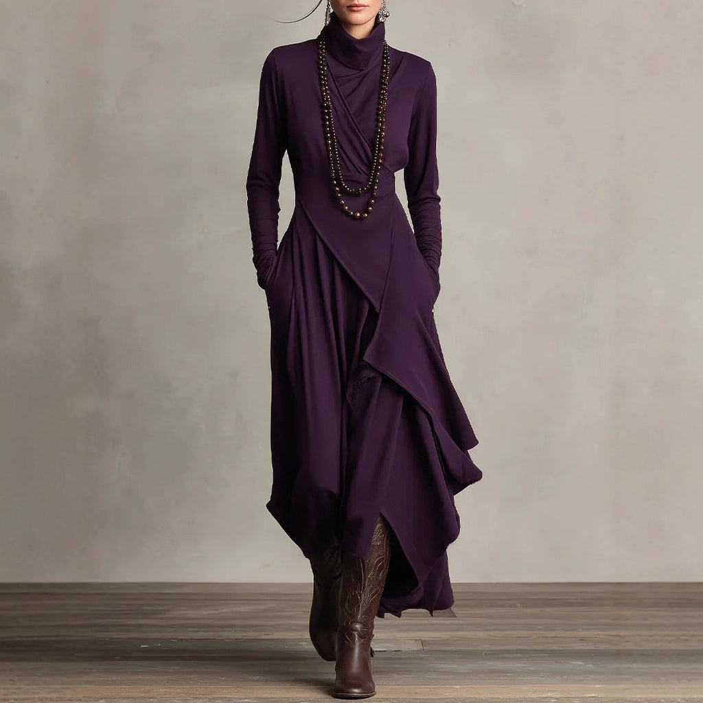 Long-sleeved crossover high-neck maxi dress