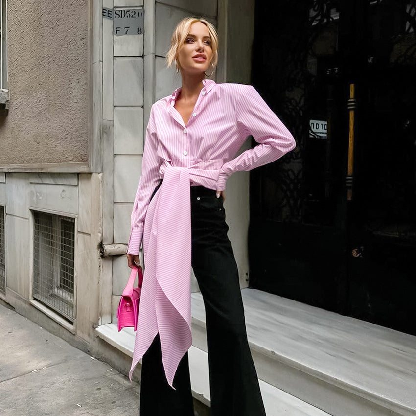 French-Style Lace-Up Striped Shirt - Women's Short-Sleeve Top