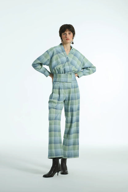 Women's Loose-Fit Casual Checkered V-Neck Short-Sleeve Shirt