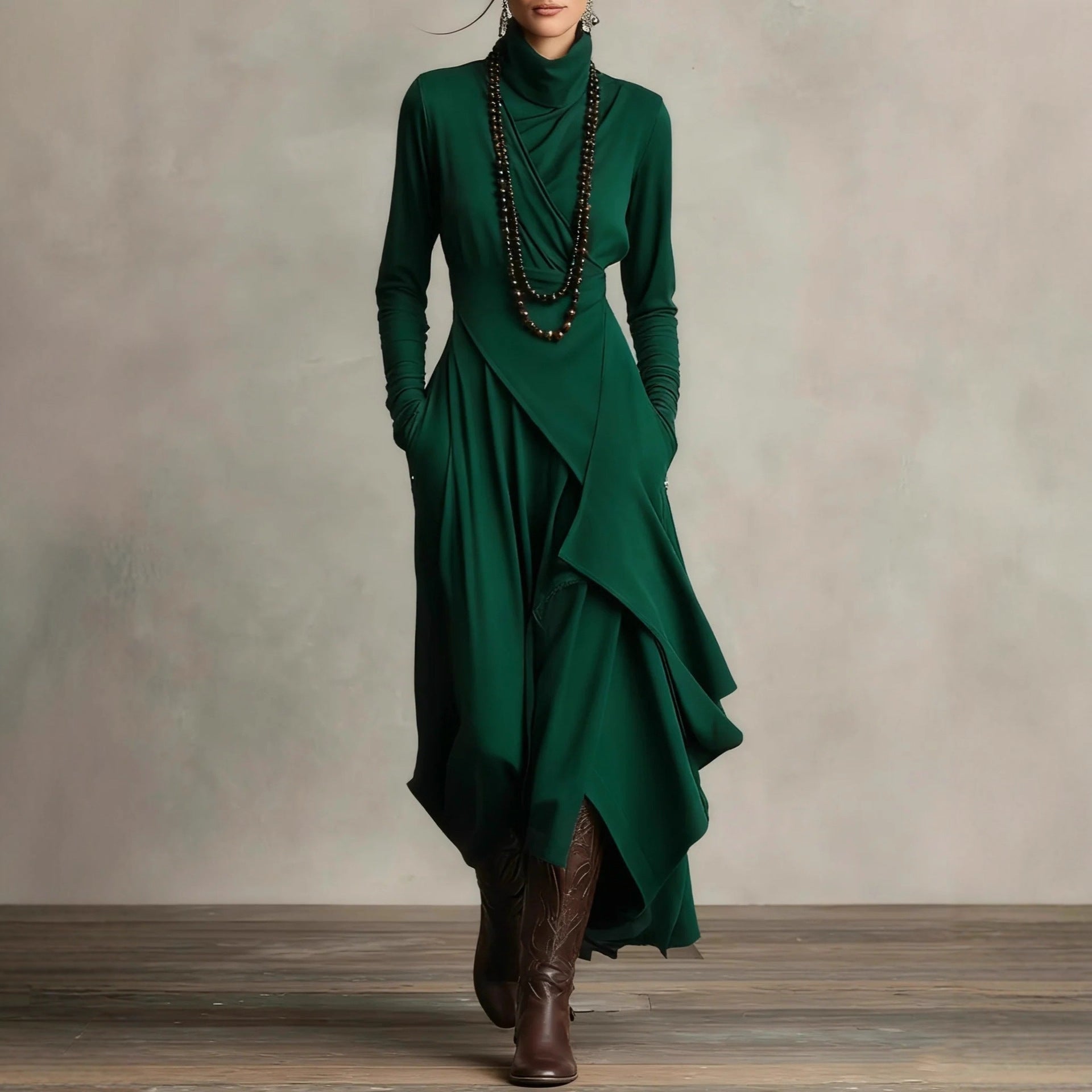 Long-sleeved crossover high-neck maxi dress