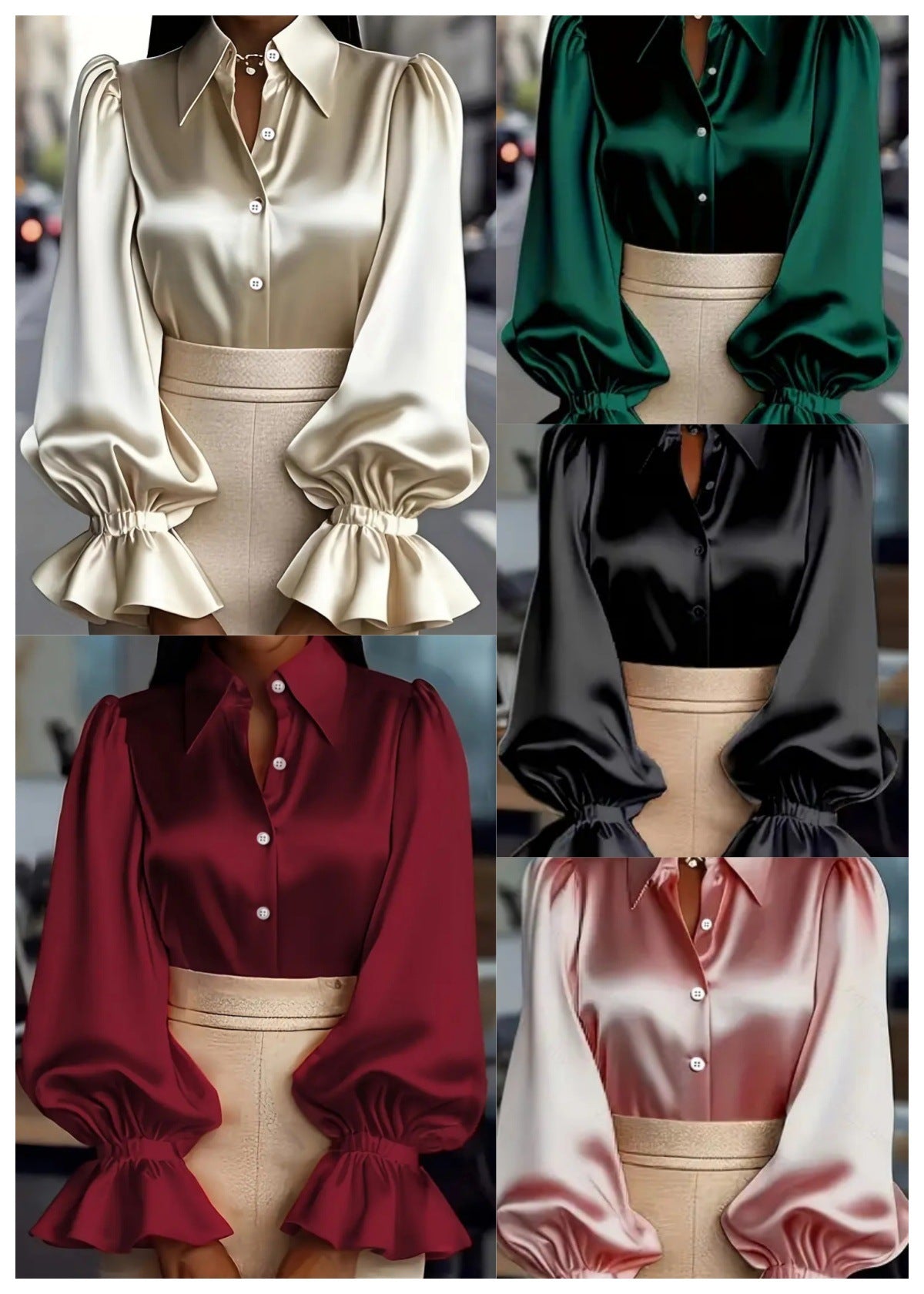 Women's Long-Sleeved Collared Satin Shirt