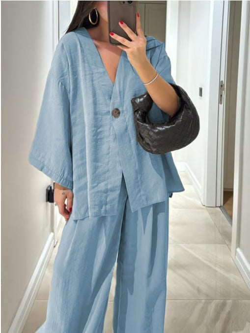 Women's V-neck top and wide-leg pants casual set