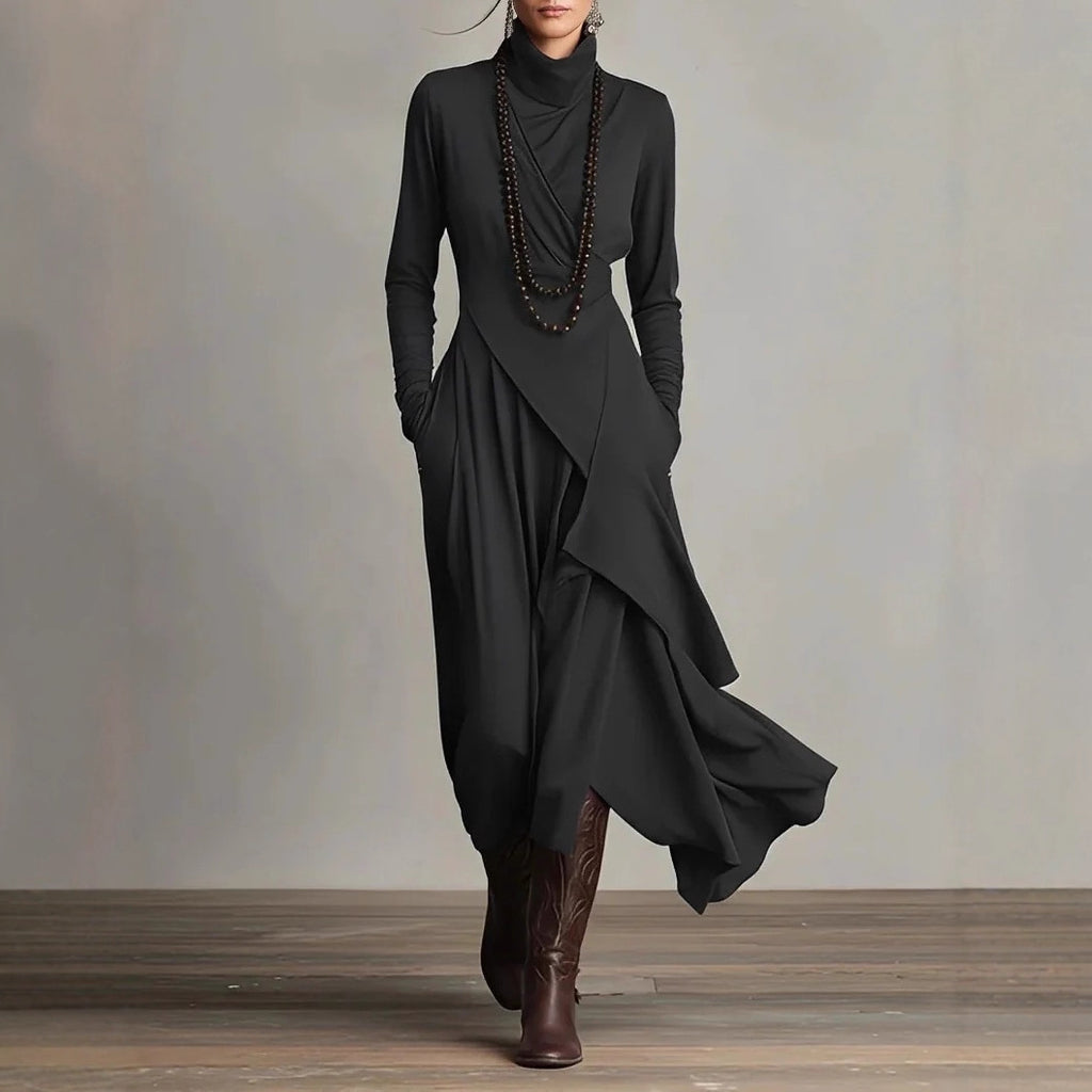 Long-sleeved crossover high-neck maxi dress