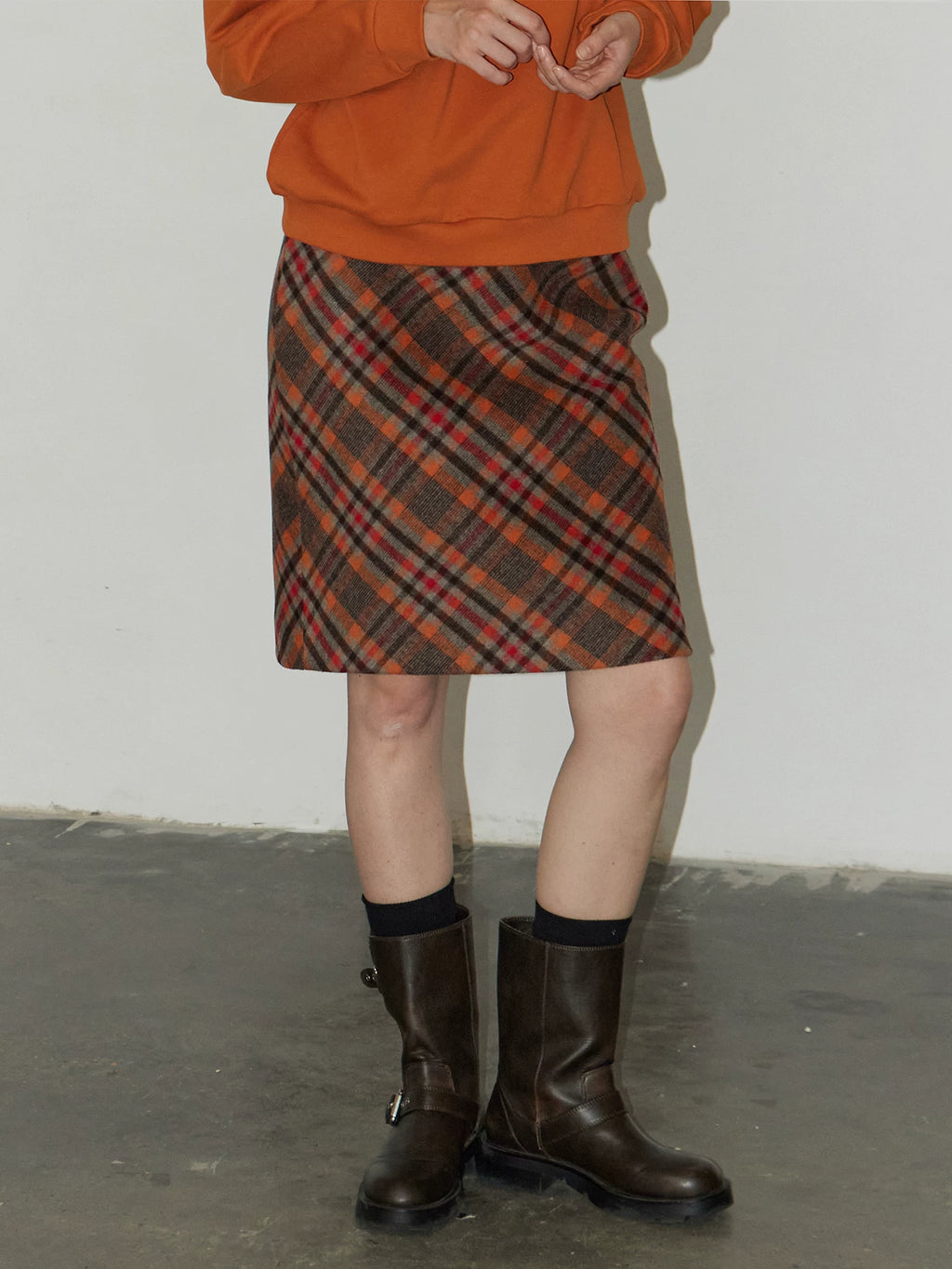 Orange Plaid Wool Skirt with Contrasting Colors