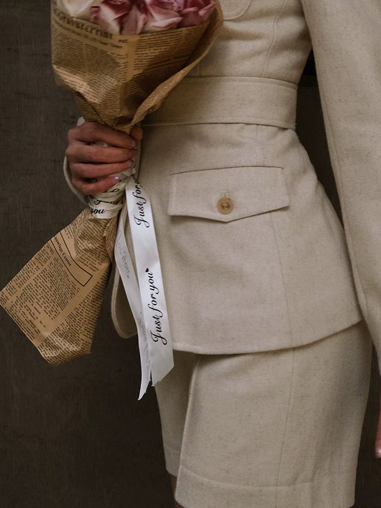 Retro Suit Straight-Leg Shorts French-Style Set Beige Wool Two-Piece