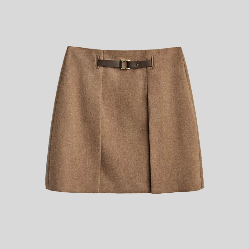 Brown Short Skirt High-Waisted Wool Skirt