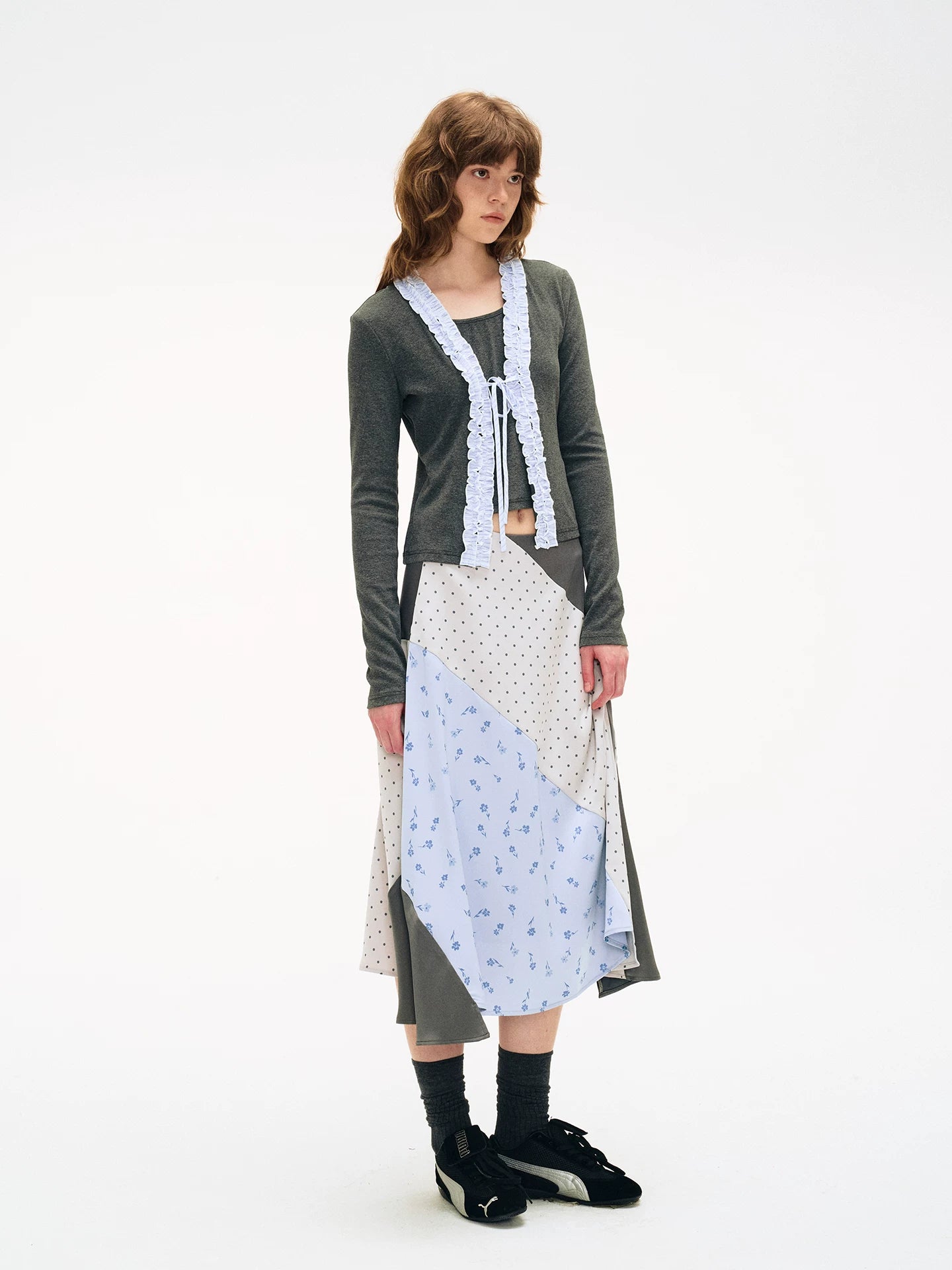 Retro Asymmetric Color-Blocked Satin Print Skirt