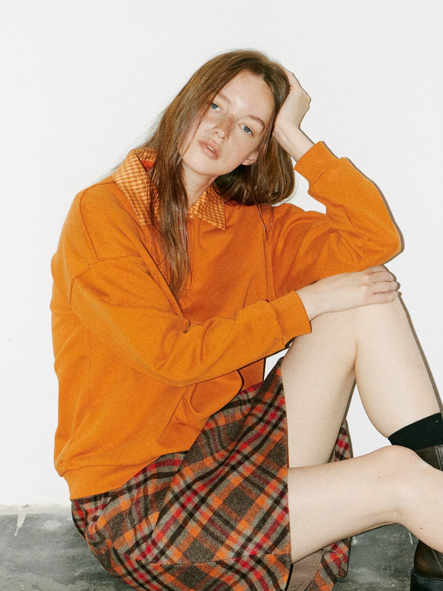Orange Plaid Wool Skirt with Contrasting Colors