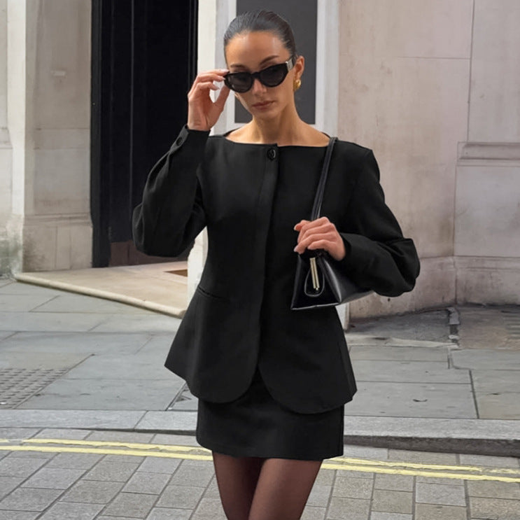 Long-Sleeve Crew Neck Blazer and Mini Skirt Two-Piece Set