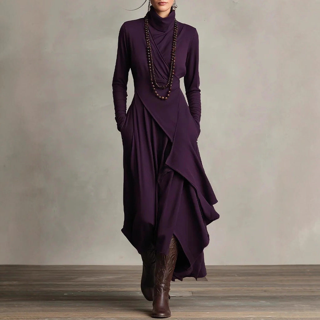 Long-sleeved crossover high-neck maxi dress