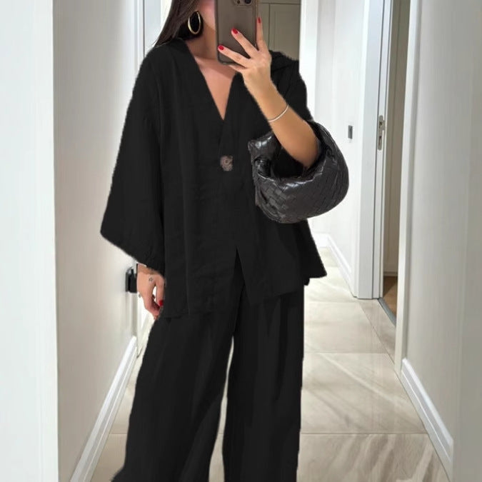 Women's V-neck top and wide-leg pants casual set