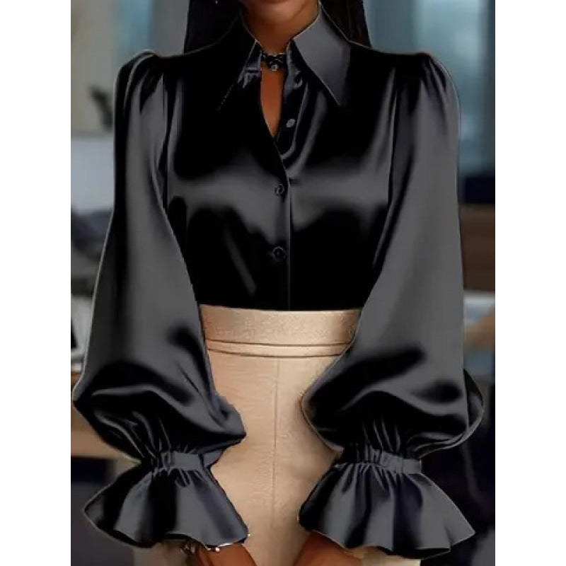 Women's Long-Sleeved Collared Satin Shirt