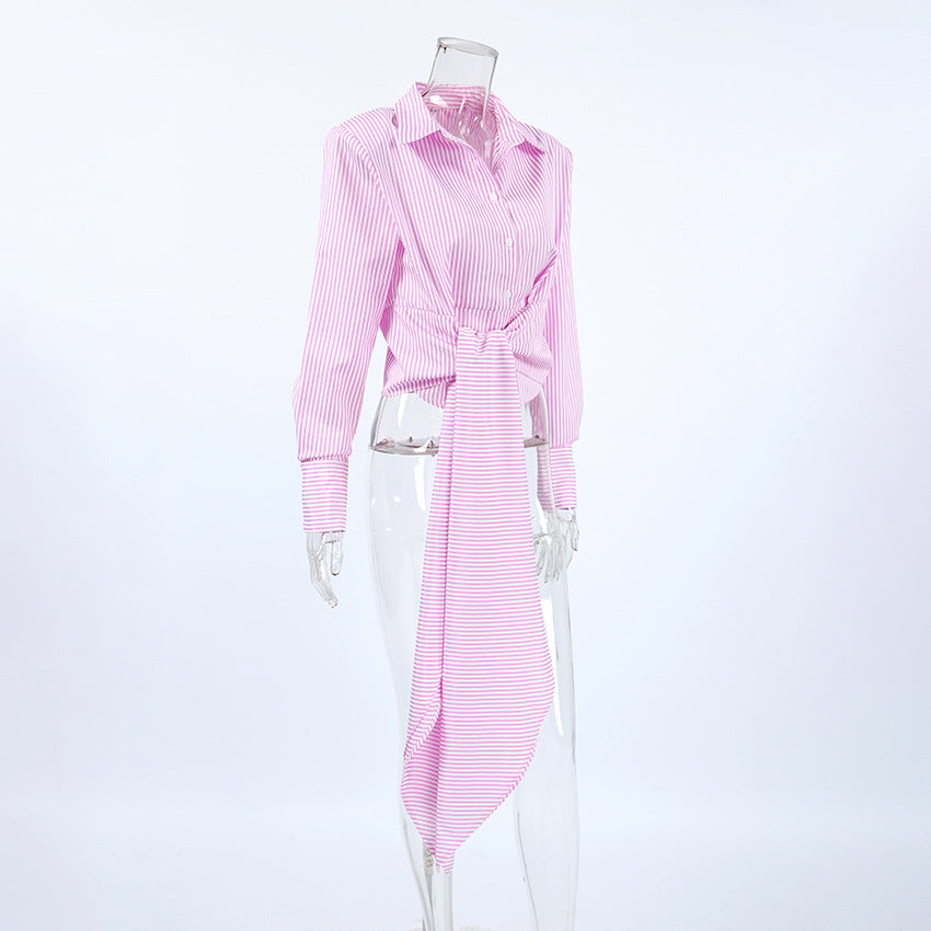 French-Style Lace-Up Striped Shirt - Women's Short-Sleeve Top