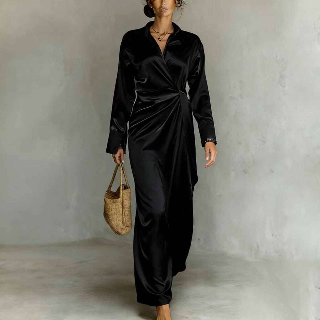 Long-Sleeve Casual Split-Hem Satin Dress