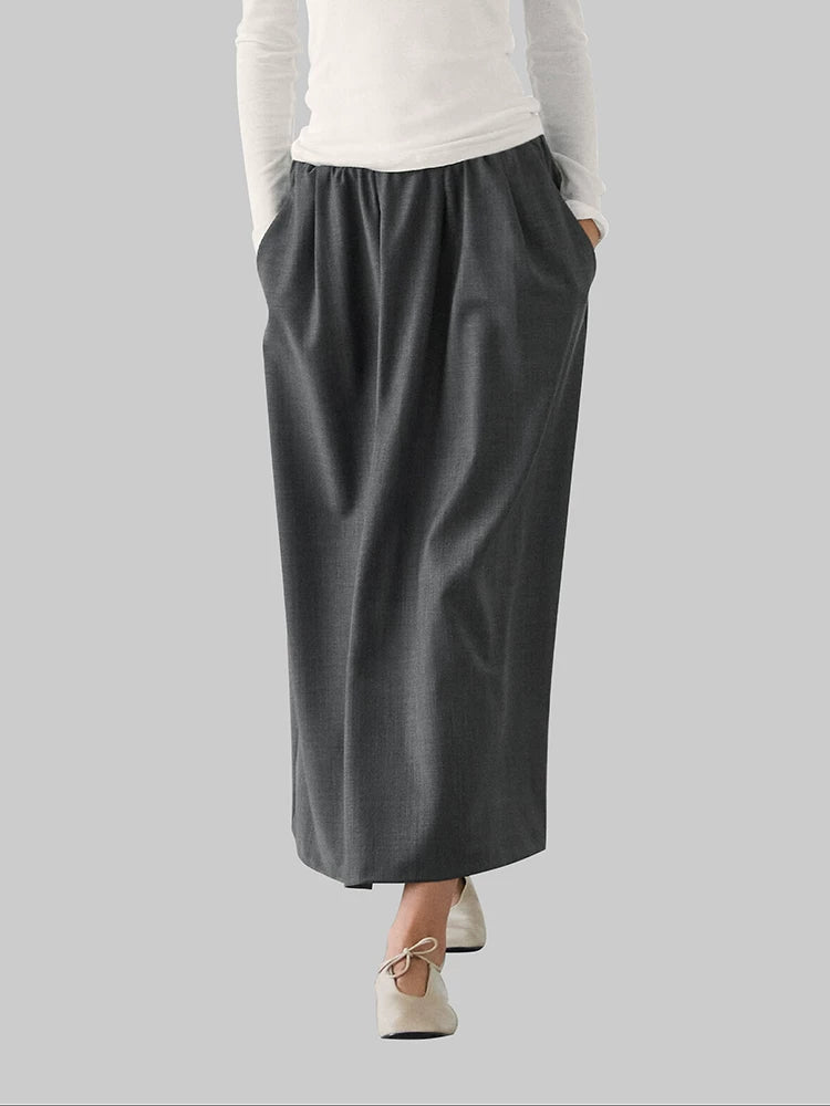 Wool Mid-Length Elastic Waist A-Line Skirt