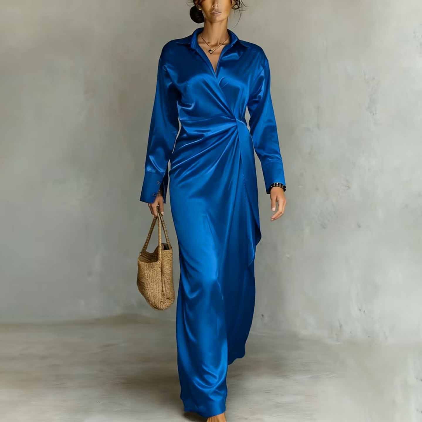 Long-Sleeve Casual Split-Hem Satin Dress
